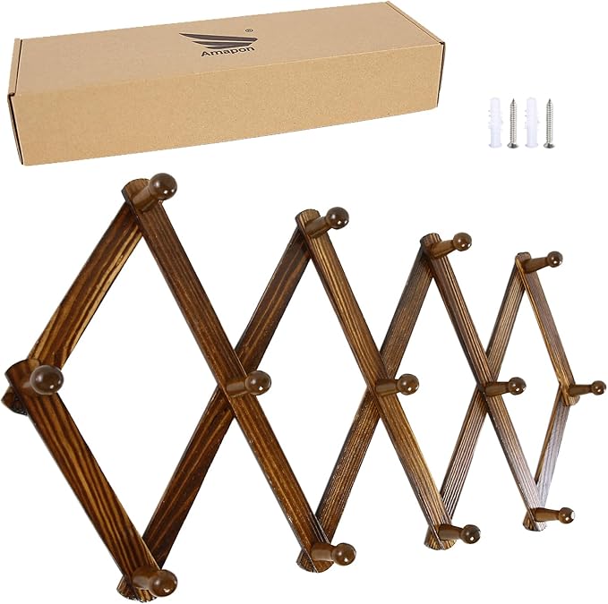 AMAPON Accordion Style Expandable Wall Wooden Coat Rack 13 Hooks (Pegs) Hang Hats Jackets Coffee Mug Purses Necklaces Towels Cap Leash Scarves Data Line Kitchenware (Walnut)