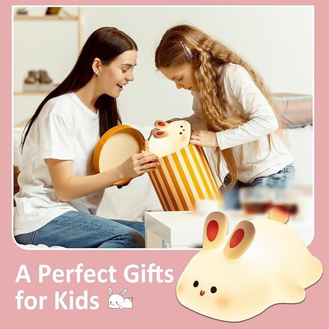 Attivolife Cute Bunny Nursery Light, Easter Rabbit Squishy Silicone Touch Night Lamp Rechargeable, Kawaii Animal Toddler Room Decor Table Lamp, Child Girl Women Birthday Gift