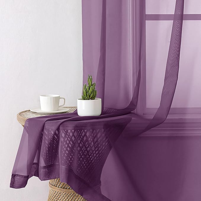 Aiyufeng Plum Purple Sheer Curtains 63 Inches Long 2 Panels Set, Solid Voile Top Dual Rod Pockets Stylish Breathable Drapes Window Treatment for Kid's Room/Bedroom/Living Room, 40W x 63L inches