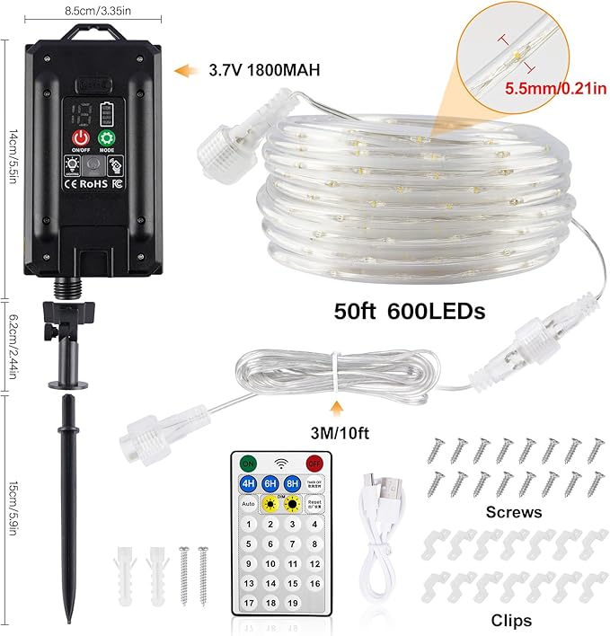 OMIKA 50ft 600 LEDs Solar Rope Lights, USB Charging, 20 Lighting Modes, Dimmable Timer Remote Control, IP68 Waterproof for Outdoor Trees, Parties, Gardens, Weddings, Christmas Decorations