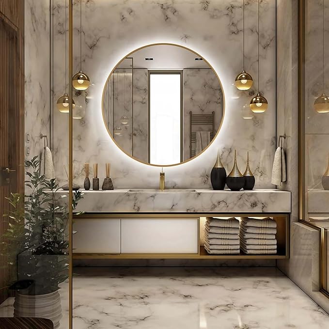 36" Round LED Bathroom Mirror, Wall Mounted Round Backlit Mirror LED Bathroom Vanity Mirror with Lights Fog Free Circle Lighted Mirror with Gold Frame, Smart Light up Mirror 3-Color