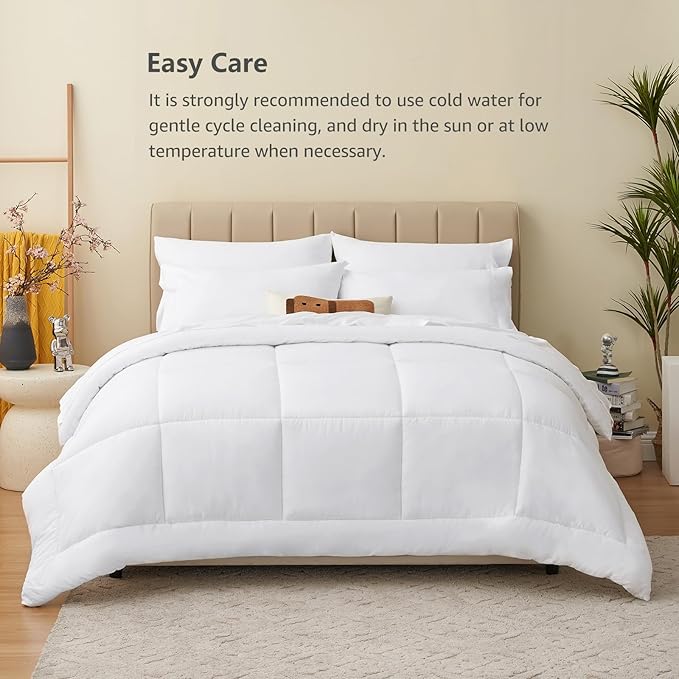 CozyLux Queen Comforter Set White, 7 Pieces Bed in a Bag, White Comforter Queen Size, All Season Bedding Sets with Stitch Quilted Comforter, Flat Sheet, Fitted Sheet, Pillowcases