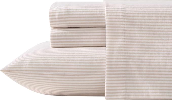 Laura Ashley - Flannel Sheets Twin Size, Anti-Pilling & Wrinkle Resistant Cotton, Touchably Soft for All-Season Comfort - Bed Sheets with Matching Pillowcase & Fitted Sheet (Oxfordshire Stripe Beige)