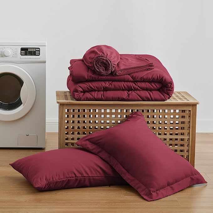 Love's cabin Twin XL Comforter Set Burgundy, 5 Pieces Twin XL Bed in a Bag, All Season Bedding Sets with 1 Comforter, 1 Flat Sheet, 1 Fitted Sheet, 1 Pillowcase and 1 Pillow Sham