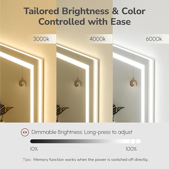 USHOWER LED Bathroom Mirror 20x28 Inch with Lights - Frameless Tempered Glass LED Backlit Lighted Mirror for Bathroom Vanity with Anti-Fog, 3 Colors Dimmable, Memory Function, Wall-Mounted