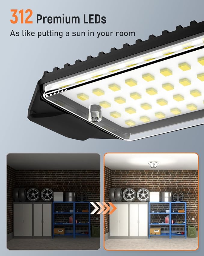 Adiding LED Garage Light 2 Pack, Super Bright 20000Lm Basement Ceiling Lighting w/ 6+1 Deformable Panels Screw in E26 Bulb Base Socket for Workshop Attic Warehouse Utility Laundry Storage Area