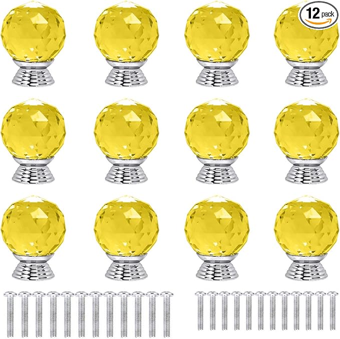 12 Pcs 30mm Round Shape Crystal Glass Cabinet Knobs with Screws Drawer Knob Pull Handle Used for Kitchen, Dresser, Door, Cupboard(Yellow)