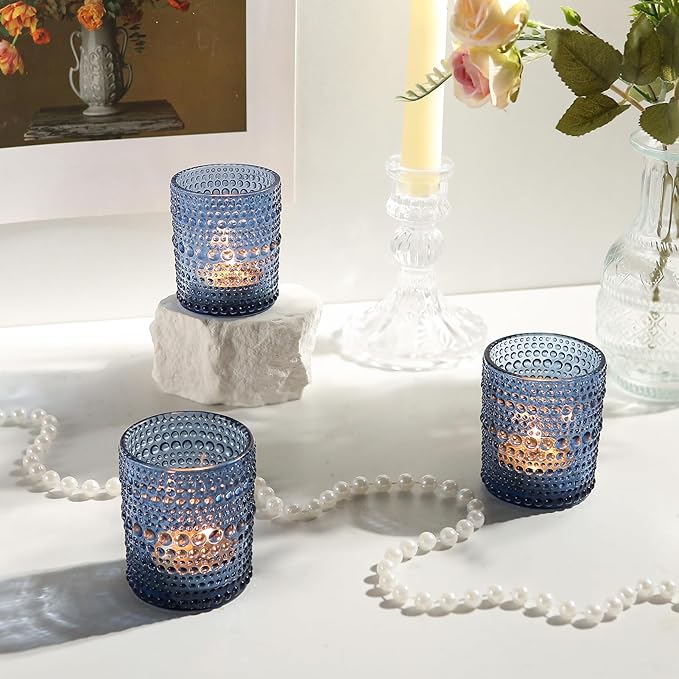12 Pack Blue Votive Candles Holders - 2x2.5in Vintage Glass Votives Tealight Candle Holders for Table Centerpieces, Tea Light Candle Holder Decor for Wedding Bridal Shower Party