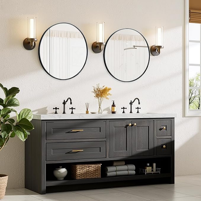 Sweetcrispy Round Bathroom Mirror 24 Inch Black Metal Framed Wall Mounted Circle Vanity Mirror for Bathroom, Bedroom, Living Room, Entryway, Anti-Rust, Modern Decorative, Hanging or Leaning