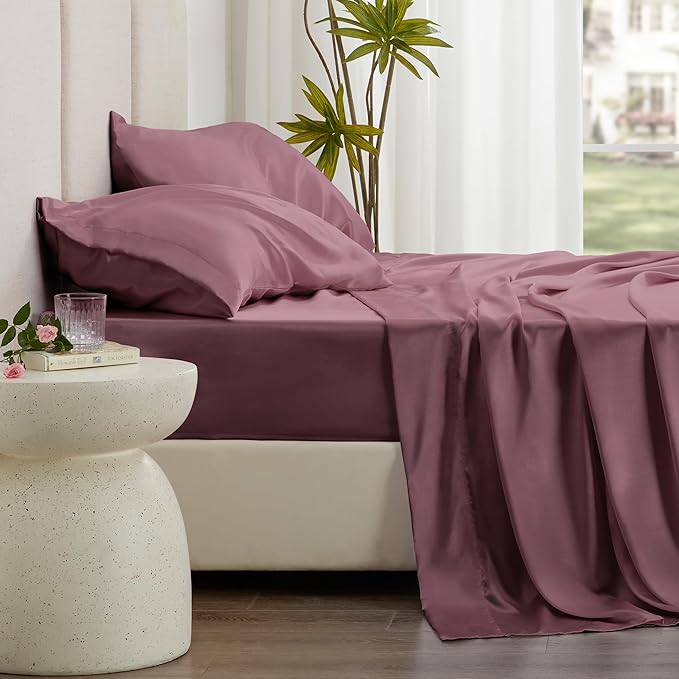 Love's cabin Satin Queen Sheets Set - 4 Piece Rose Taupe Silky Bed Sheets Set with Deep Pocket, Luxury Silk Feel Satin Queen Size Sheet Set (1 Flat Sheet,1 Fitted Sheet,2 Pillow Cases)
