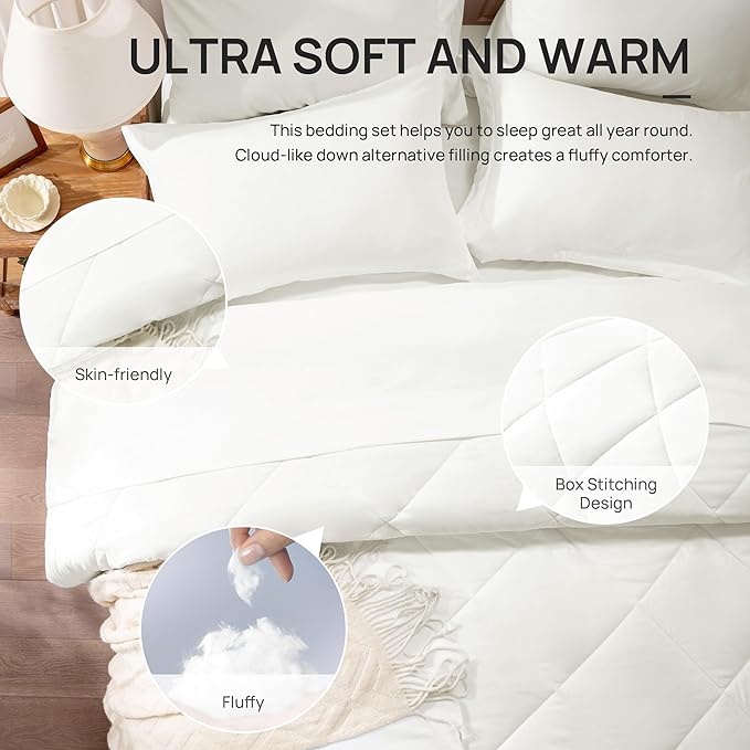 Love's cabin Twin Comforter Set Ivory, 5 Pieces Twin Bed in a Bag, All Season Bedding Sets with 1 Comforter, 1 Flat Sheet, 1 Fitted Sheet, 1 Pillowcase and 1 Pillow Sham
