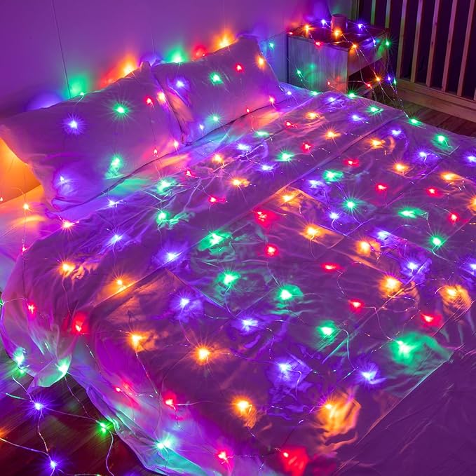 AWQ 360 LED 13.1ft x 6.6ft String Lights Christmas Net Mesh Lights 8 Modes for Christmas Wedding Party Home Garden Lawn Bushes Indoor Outdoor Decor (13.1ft x 6.6ft, Multicolor)