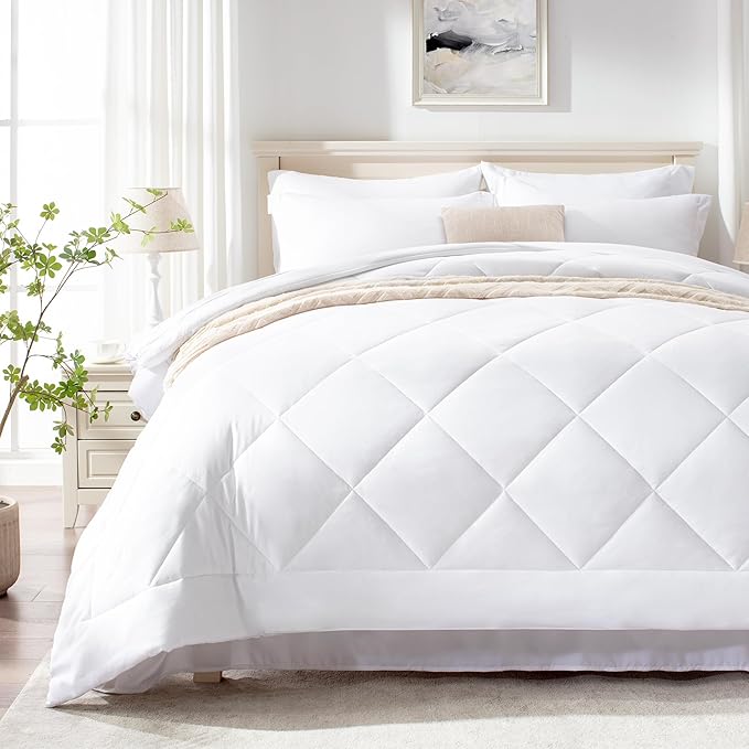 Love's cabin King Size Comforter Set White, 7 Pieces King Bed in a Bag, All Season Bedding Sets with 1 Comforter, 1 Flat Sheet, 1 Fitted Sheet, 2 Pillowcase and 2 Pillow Sham