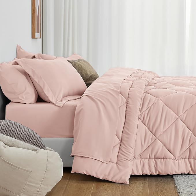 Love's cabin Full Comforter Set Pink, 7 Pieces Full Bed in a Bag, All Season Bedding Sets with 1 Comforter, 1 Flat Sheet, 1 Fitted Sheet, 2 Pillowcase and 2 Pillow Sham
