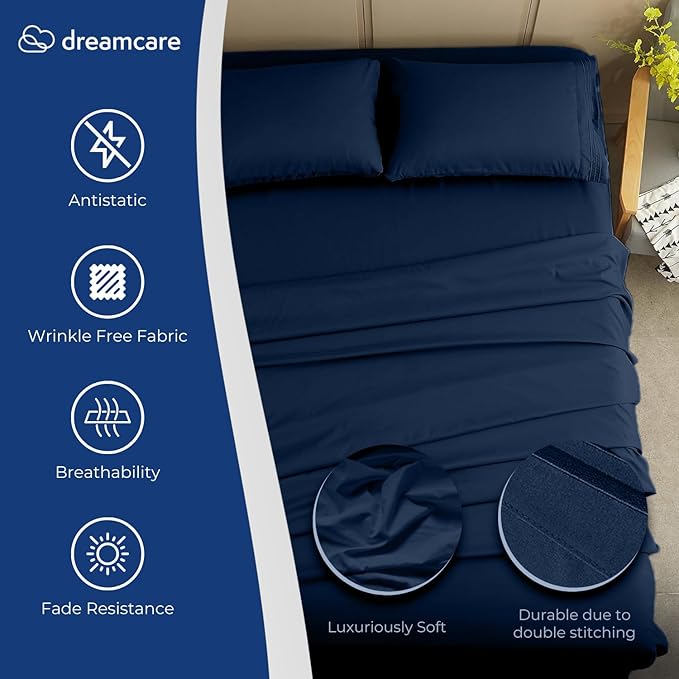 DREAMCARE Queen Sheet Set – 4 pcs Cooling Sheets – up to 21” Extra Deep Pocket Queen Sheets – Hotel Luxury Sheets & Pillowcases – Superior Softness 100% Fine Microfiber with Side Pocket – Navy