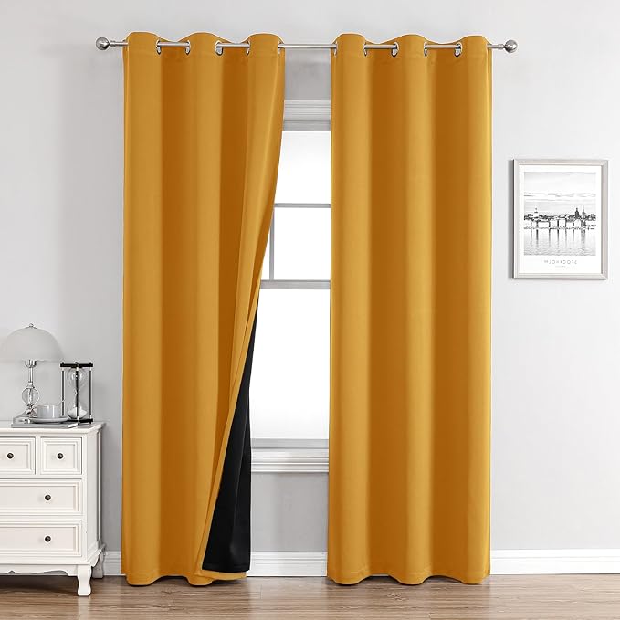 ChrisDowa 100% Blackout Curtains for Bedroom with Black Liner, 2 Thick Layers Total Blackout Thermal Insulated Grommet Window Curtains 2 Panels Set (Mustard Yellow, 42 x 84 Inch)