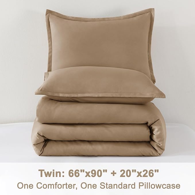 Litanika Taupe Tan Twin/Twin XL Comforter Set, 2 Pieces Solid Bedding Comforter Set, All Season Fluffy Bed Set (66x90In Comforter & 1 Pillowcase)