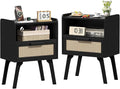Lerliuo Rattan Nightstands Set of 2, Bedside Table with Drawer Open Shelf, Cane Accent Side End Table with Solid Wood Legs, Black Mid Century Night Stand for Bedroom, Dorm and Small Spaces