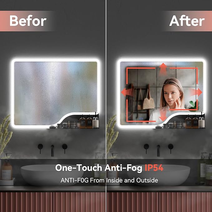 36"x 28" LED Bathroom Mirror with Shelf, Wall-Mounted Backlit Vanity Mirror with Lights, Smart Bathroom Mirror with 3 Colors, Anti-Fog, Stepless Dimmable, Memory (UL, ETL)
