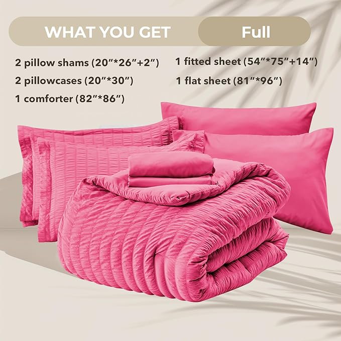 HYMOKEGE Hot Pink Full Size Comforter Sets Seersucker 7 Pieces, All Season Luxury Bed in a Bag for Bedroom, Bedding Set with Comforter, Sheets, Pillowcases & Shams