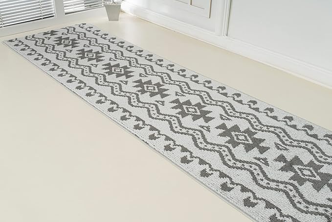 Custom Size Southwestern Style Runner Rug Mat for Wide Hallway Entryway Kitchen Laundry Room with Slip Resistant Latex Rubber Backing, Aztec Light Grey, 31 inch X 12 feet