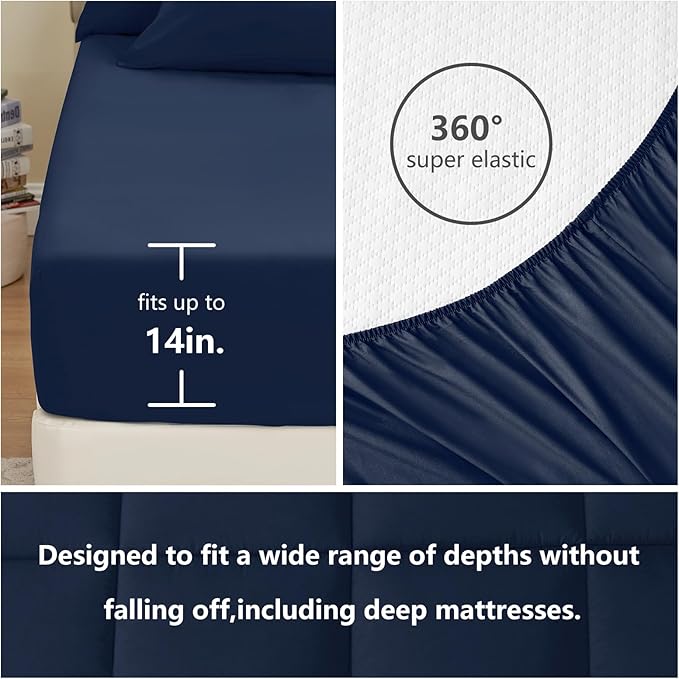 CozyLux Oversized King Comforter Sets Navy Blue, 7 Pieces Bed in a Bag, Ultra-Soft All Season Bedding Sets with Stitch Quilted Comforter, Flat Sheet, Fitted Sheet, Pillowcases, Navy Blue