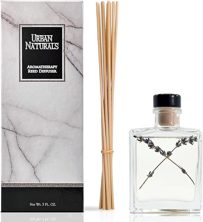 Urban Naturals Lavender Fields Oil Essential Oil Reed Diffuser Set with Real Lavender! French Blossoms, Geranium & Clary Sage – Sleek Rectangular Refillable Glass Bottle – Made in The USA