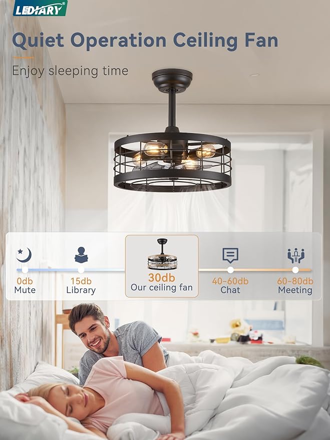 LEDIARY 16.5 inch Black Caged Ceiling Fan with Light, Fandelier Industrial Ceiling Fan with Remote, Farmhouse Fan Lights Ceiling Fixtures for Kitchen, Bedroom, Outdoor（6 Speed, Timing）-Black
