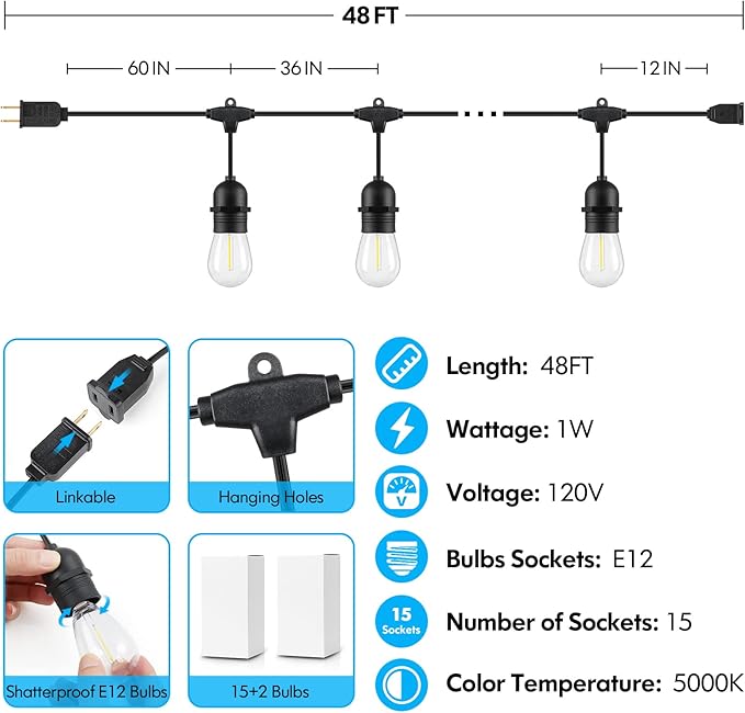 Lakumu 48FT LED Outdoor String Lights for Patio with Waterproof Shatterproof E12 S14 Edison Bulbs 5000K Daylight White Dimmable Linkable Hanging Light Strings for Deck Pergola Bistro Cafe Balcony Bar