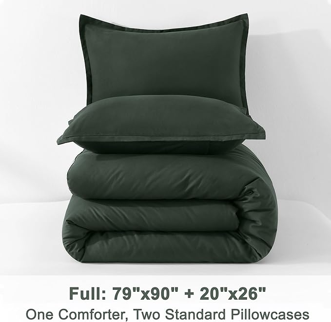 Litanika Forest Green Comforter Full Size, 3 Pieces Lightweight Solid Bedding Set, All Season Fluffy Bed Set (79x90In Comforter & 2 Pillowcases)