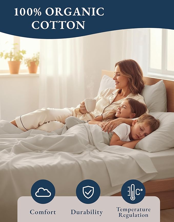 LANE LINEN 100% Organic Cotton Full Sheets Set 4-Piece Pure Percale Long Staple Soft Bedding Breathable Fits Mattress Upto 15" Deep - Glacier Grey