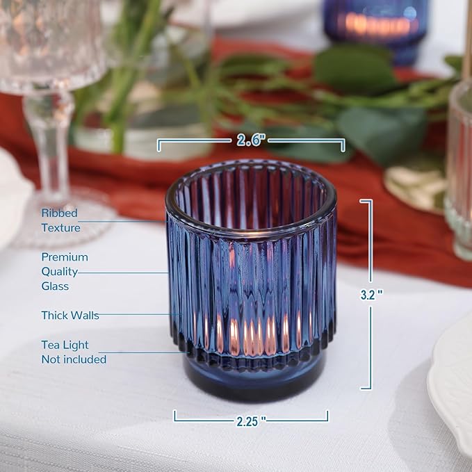 DEVI 8 Pcs Blue Votive Candle Holder for Wedding Centerpieces, Glass Ribbed Tea Light Holder for Wedding Table Decorations, Navy Blue Decor for Party Home Farmhouse Decorations