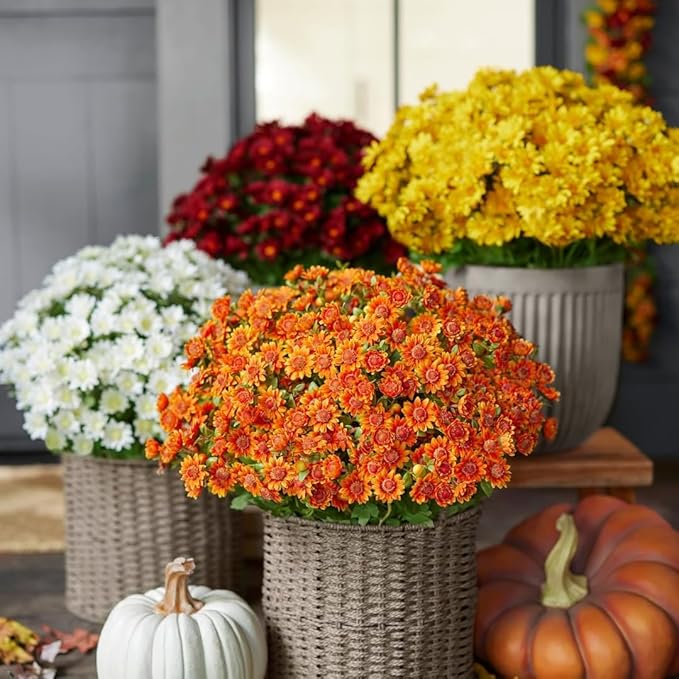 Artificial Mums for Outdoors, Faux Sunset Mum Flowers Planters for Indoor Outside Decor, Fake Look Real, Vibrant, UV Resistant, Waterproof, Windproof (Yellow, 5 Bundle)
