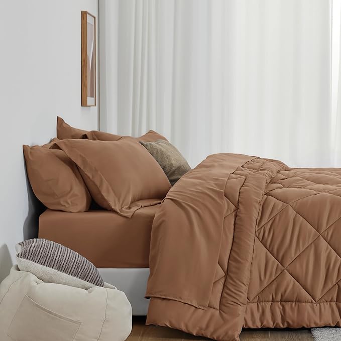 Love's cabin Twin Comforter Set Mocha Mousse, 5 Pieces Twin Bed in a Bag, All Season Bedding Sets with 1 Comforter, 1 Flat Sheet, 1 Fitted Sheet, 1 Pillowcase and 1 Pillow Sham