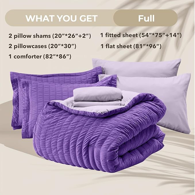 HYMOKEGE Dark Purple/Lavender Full Size Comforter Sets Seersucker 7 Pieces, All Season Luxury Bed in a Bag for Bedroom, Bedding Set with Comforter, Sheets, Pillowcases & Shams