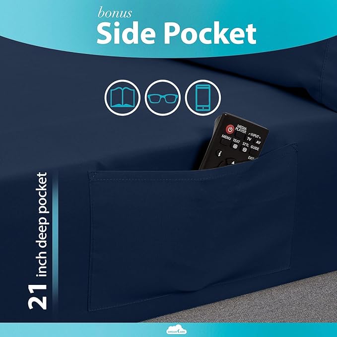 DREAMCARE Twin XL Sheet Sets – 3pcs Cooling Sheets – up to 21” Extra Deep Pocket Twin XL Sheets Set – Hotel Luxury Sheets & Pillowcases – Superior Softness 100% Fine Microfiber with Side Pocket –NBlue