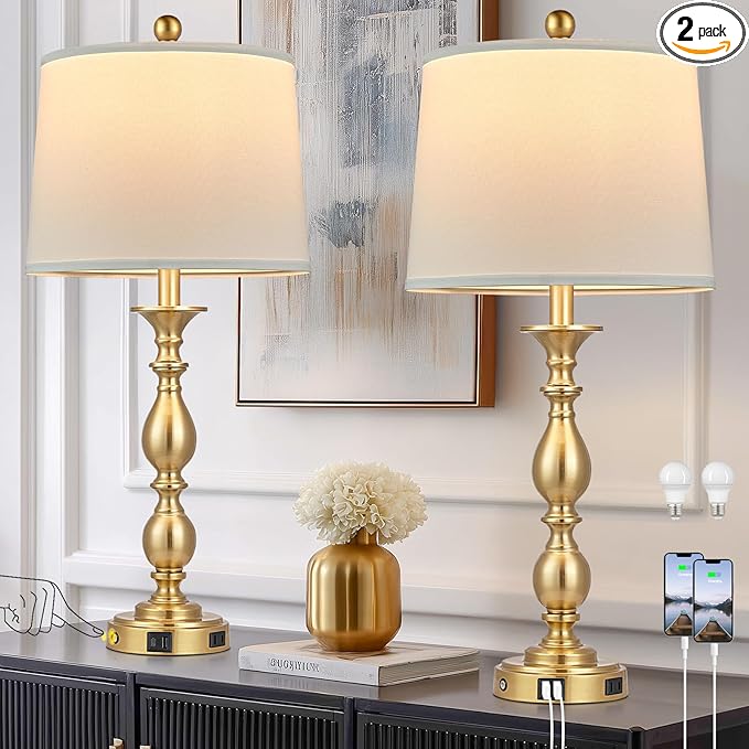 28" Tall Modern Table Lamps Set of 2 with USB A+C Ports and AC Outlet, 3 Way Touch Metal Bedside Lamps for Bedroom, Gold Farmhouse Nightstand Lamps for Living Room