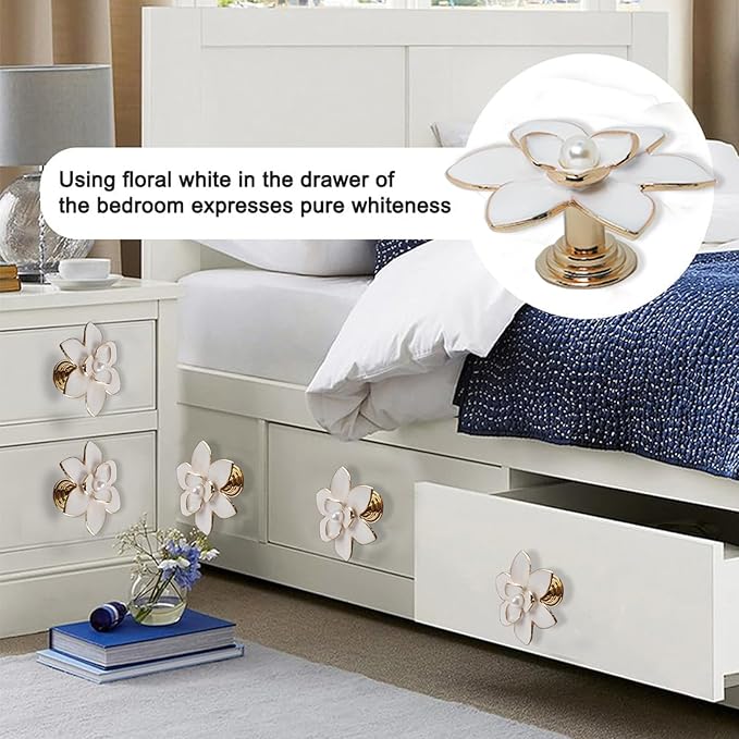 4 Pcs Petal Cabinet Knobs，Zinc Alloy Flower Shape Single Hole Knob with Screws for Dresser Handles Cabinet Wardrobe Door Handle Decorative Furniture (White Flower Pearl)