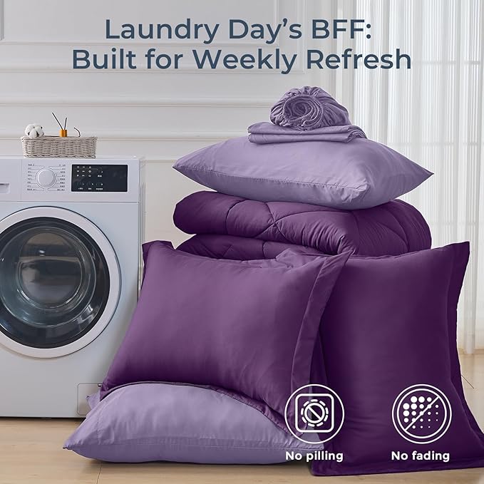 HEVUMYI Purple & Light Purple Full Comforter Set - 7-Piece All Season Bed in a Bag Full, Ultra Soft Bedding Set with Comforter, Flat Sheet, Fitted Sheet, Pillowcases, Pillow Shams