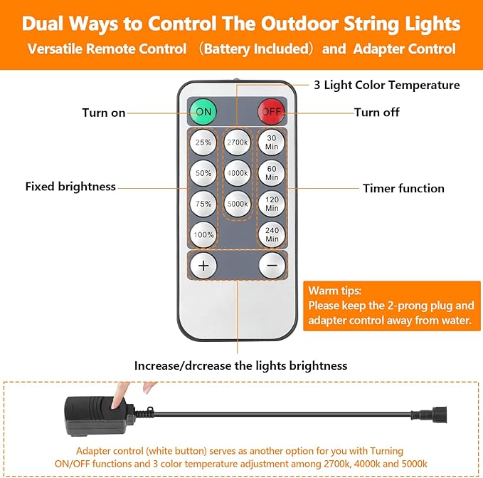 Lakumu 2-Pack 3 Color Dimmable LED Outdoor String Lights for Patio with Remotes, 96FT Waterproof Hanging Lights with Shatterproof Edison Bulbs for Bistro Backyard-Warm White/Neutral White/Daylight