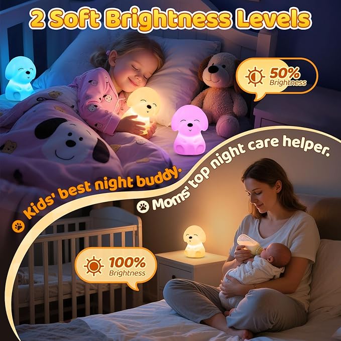 Night Light for Kids | 16 Colors & 2 Brightness & 30/60min Timer & Soft Silicone & 10h Use | Cute Night Light for Baby Nursery Kids Nightlight Dog Lamp, Kawaii Room Decor Puppy Gifts for Boys & Girls