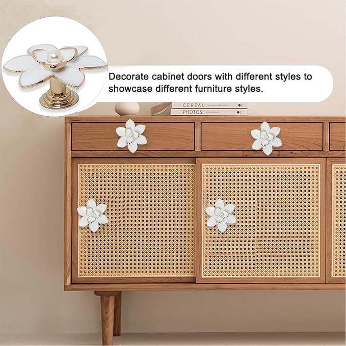 4 Pcs Petal Cabinet Knobs，Zinc Alloy Flower Shape Single Hole Knob with Screws for Dresser Handles Cabinet Wardrobe Door Handle Decorative Furniture (White Flower Pearl)