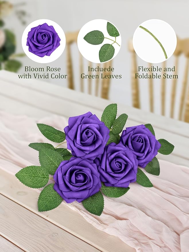 MACTING 60PCS Artificial Rose Flowers Real Touch Foam Flowers with Stem Fake Purple Roses for DIY Wedding Bouquet Table Centerpieces Party Holiday Home Indoor Outdoor Spring Mothers Day Decorations