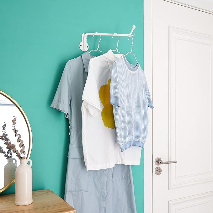 Mkono Wall Mounted Clothes Hanger with Swing Arm Holder Valet Hook Metal Hanging Laundry Drying Rack Space Saver for Closet Organizer, Laundry Room Organization Bathroom, Bedroom,2 Pcs, White
