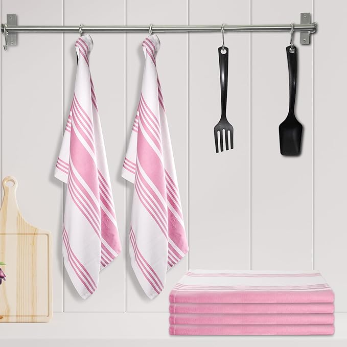 Urban Villa Kitchen Towels 100% Cotton Pack of 6, Highly Absorbent Quick Drying Super Soft Premium Dish Towels for Kitchen with Hanging Loop Hand & Tea Towels - 20x30 Inch, (Pink & White, Striped)