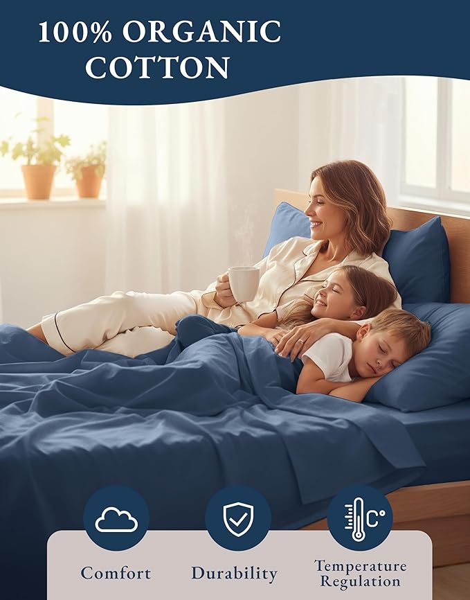LANE LINEN Eco Friendly 100% Organic Cotton Fully Elasticized Full Sheet Set, Low Pilling Fade Resistant Machine Washable Naturally Cooling Full Bed Sheets, Soft & Comfy Cotton Bedding - Estate Blue