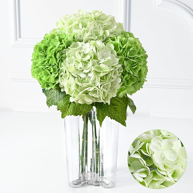 Waipfaru 4Pcs Real Touch Hydrangea Artificial Flowers, Fake Hydrangea Flowers, 21" Latex Faux Hydrangea Flowers for Wedding Bouquet Home Decor Centerpieces (2 Light Green & 2 Dark Green)