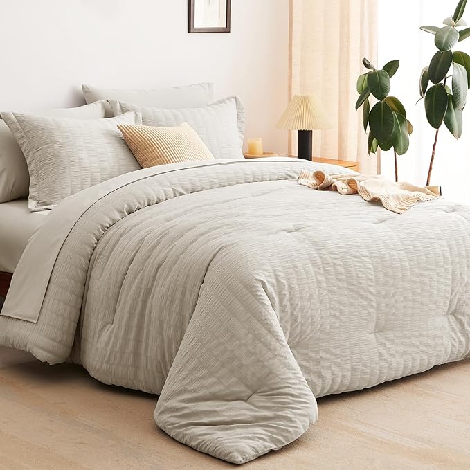 CozyLux Twin XL Comforter Set with Sheets Seersucker Beige 5 Pieces Bed in a Bag, Twin Extra Long Luxury Soft Bedding Sets for College Dorm with Down Alternative Comforter, Sheets, Pillowcases & Shams