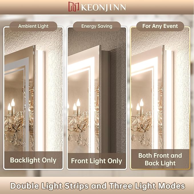Keonjinn LED Bathroom Mirror 24" x 36" with Front and Backlight, Stepless 3 Colors Temperature & Dimmable Backlit Mirror, Double LED Strips, Anti-Fog Tempered Glass Vanity Mirror, UL Listed LED Driver