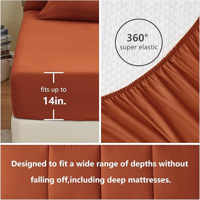 CozyLux Queen Comforter Set Terracotta, 7 Pieces Bed in a Bag, Burnt Orange Fall Comforter Queen Size, All Season Bedding Sets with Stitch Quilted Comforter, Flat Sheet, Fitted Sheet, Pillowcases